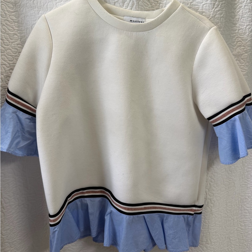 White Short-Sleeve Sweatshirt with Light Blue Ruffle Trim